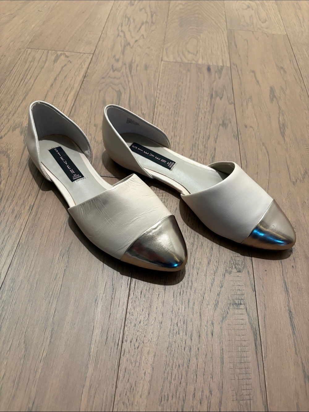 Steve Madden Cream Flats with Metallic Silver Cap Toe